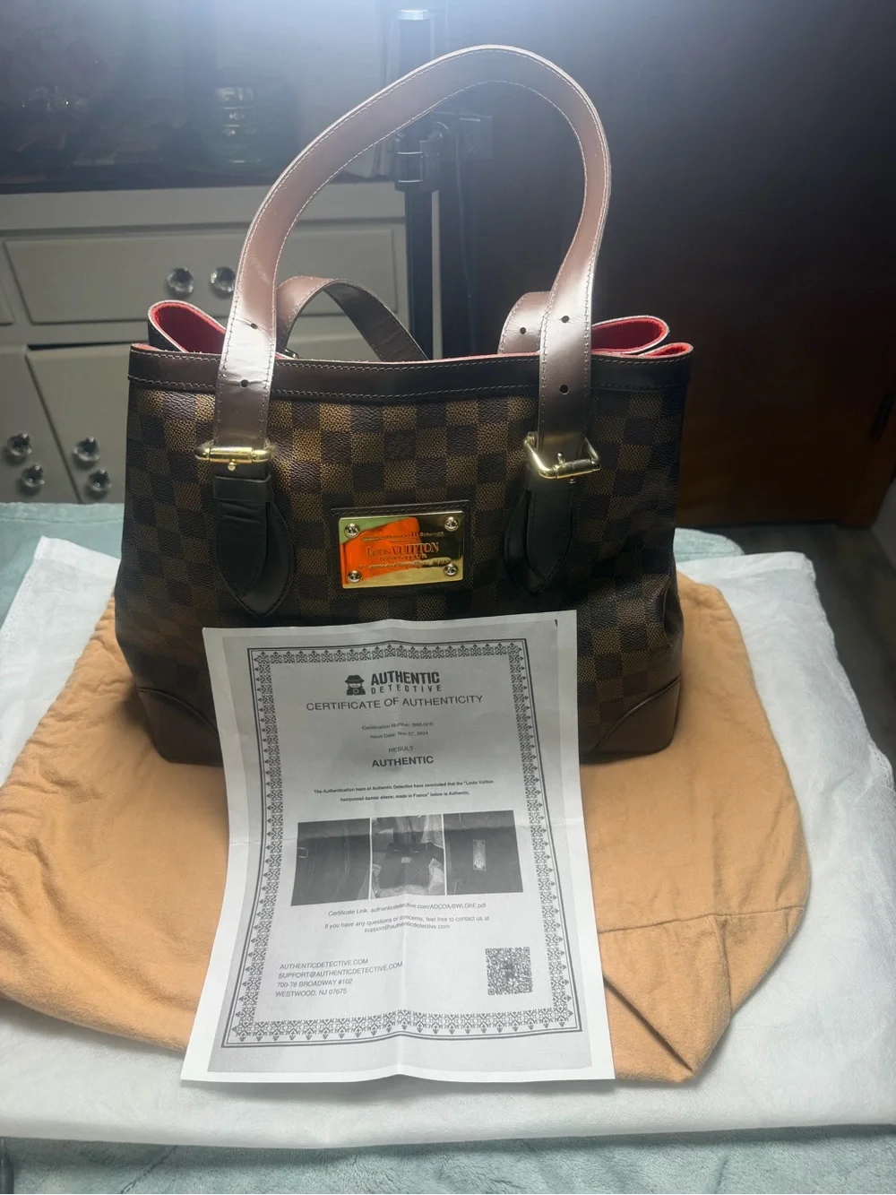 Louis Vuitton Brown Damier Shoulder Bag with Red Interior